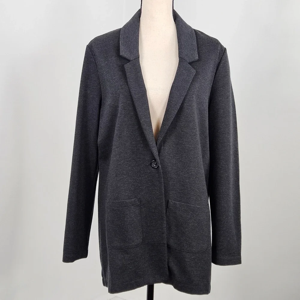 Garnet Hill Blazer Women 12 Gray Tencel Wool Blend Longline Knit Pockets Jacket